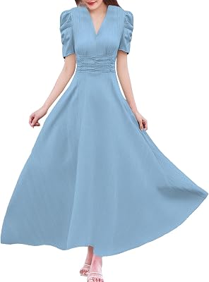 Womens Short Flutter Sleeve Dress High Waist V Neck Puff Sleeve Wedding Guest Pleated Formal Evening Maxi Dresses