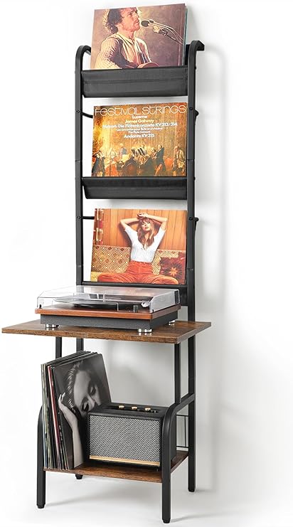 Bikoney Vinyl Record Storage with Player Stand, Turntable Stand and Display Shelf for Up to 200 Albums, Vinyl Record Holder Cabinet with Wall Mount, Record Player Table for Living Room or Bedroom