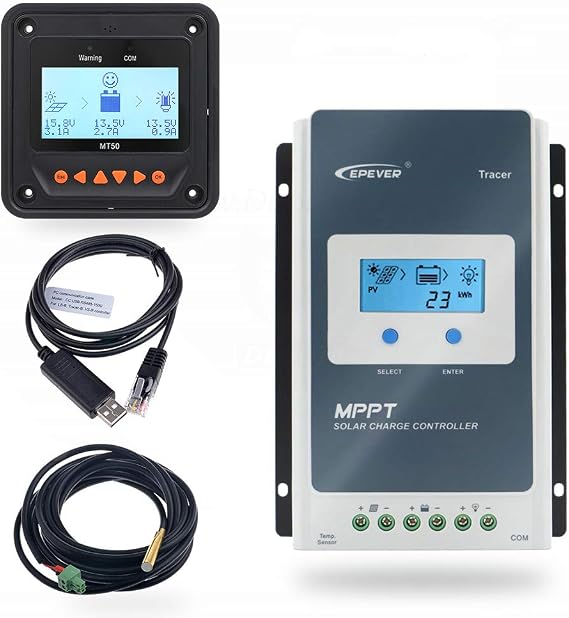 Epever 30a Mppt ソーラー充電コントローラー 12/24v Dcトレーサー Mt52リモートメーター&温度センサー付きシリーズ充電コントローラー &rs485ケーブル リチウム、密閉、agmバッテリーマイナス接地対応