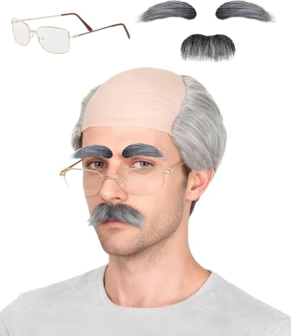 FunnAura 5 PCS Funny Wigs for Men Adults Set with Fake Beard Eyebrows Glasses, Old Man Short Curly Bald Fun Wig Ugly Fancy Dress (grey)