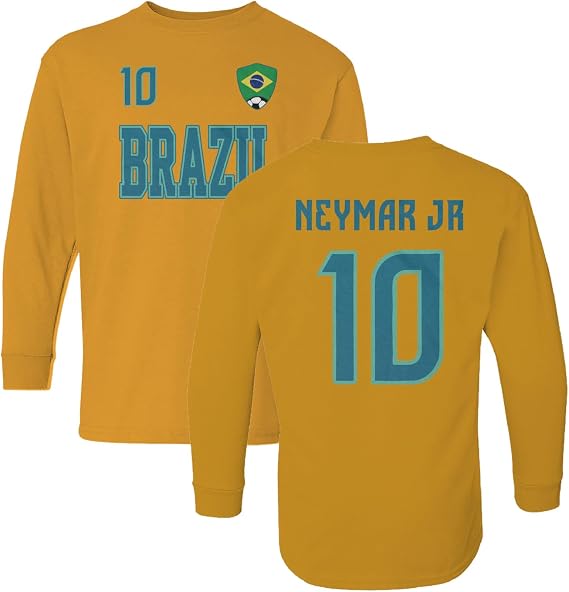 Brazil Neymar Jr 10 Soccer Inspired Jersey Style Youth Long Sleeve T-Shirt
