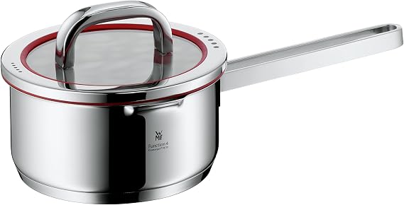 WMF sauce pan Ø 16 cm approx. 14l Function 4 Inside scaling lid - pour off or decant liquids without spilling to keep your dishes and cooker clean. Hollow side handles glass lid Cromargan stainless steel brushed suitable for all stove tops including induction dishwasher-safe