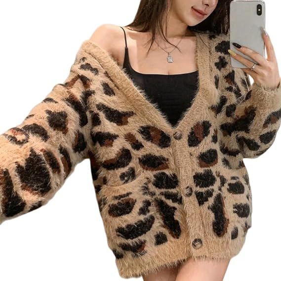 Fuzzy Leopard Print Cardigan, Front Button, Long Sleeves, Soft Knitted Sweater