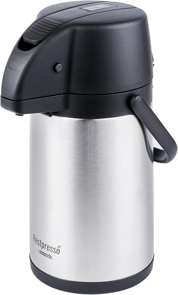 Restaurantware Airpot Coffee Dispenser - 1 Stainless Steel 2.2 Liter Double Wall Thermal Vacuum Airpot With Pump Lever - Insulated Hot Beverage Dispenser For Catering, Concession Stands, Silver