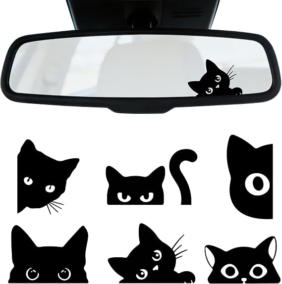 Rislobx Rearview Mirror Decal, 6PCS Black Peeking Cat Vanity Car Mirror Stickers, Vinyl Waterproof Car Window Decorative Sticker for Bottle Skateboard Motorcycle Notebook (Peeking Cat)
