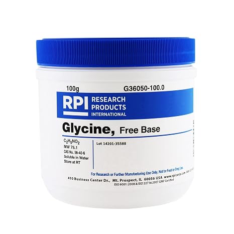 RPI Glycine Powder, Free Base, 100 Grams, Cell Culture Tested, for Electrophoresis Buffers.