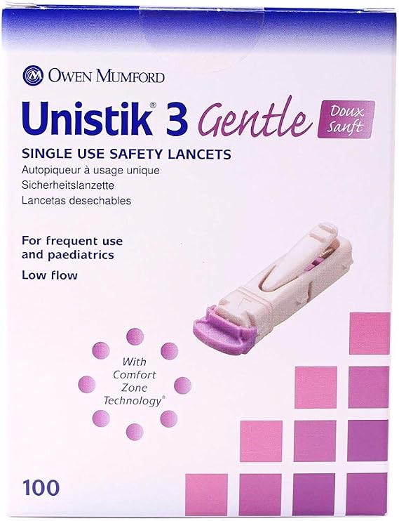 Unistik 3 Gentle Safety Lancets - Box of 100-30G with 1.5mm Penetration Depth