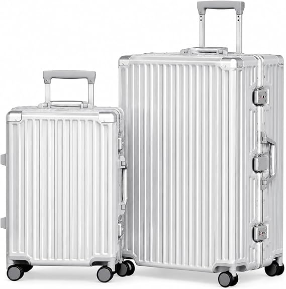 AnyZip Luggage Sets 2 Piece Aluminum Frame Carry On and Checked Suitcase PC ABS Hard Shell TSA Lock No Zipper(Silver, 20/28)