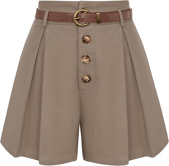 Belle Poque Womens Shorts Dressy Casual High Waisted Summer Pleated Wide Leg Shorts with Pockets and Belt