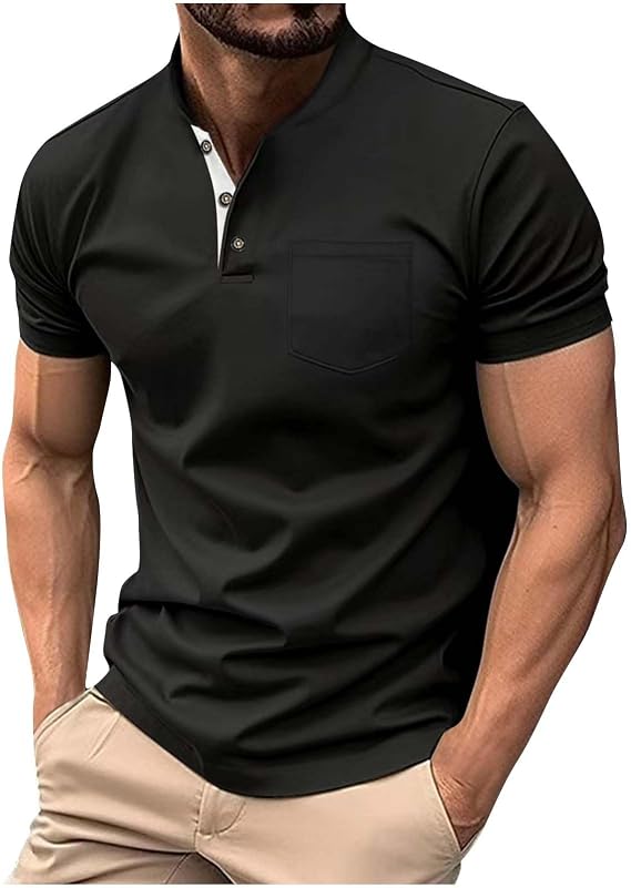 Mens T Shirts Stand Collar Button Henley Shirt Fashion Casual Summer Short Sleeve Pullover Tees