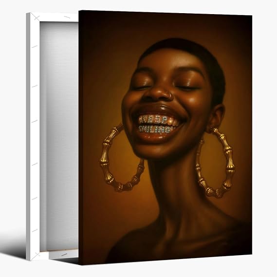 Black Woman Wall Art Keep Smiling Ladies Canvas Print Modern African American Beauty Poster Trendy Funky Black Girl Room Decor Afrocentric Portrait Pictures Painting for Bedroom 12x18inch Framed