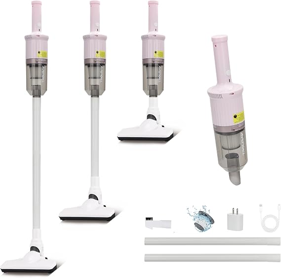 Cordless Stick Vacuum Cleaner, Small Cordless Vacuum Pink | Ideal for Kids, Carpet, Pet Hair, Car, Rechargeable, Lightweight Body, Portable & Compant, 180 Rotatable Brush