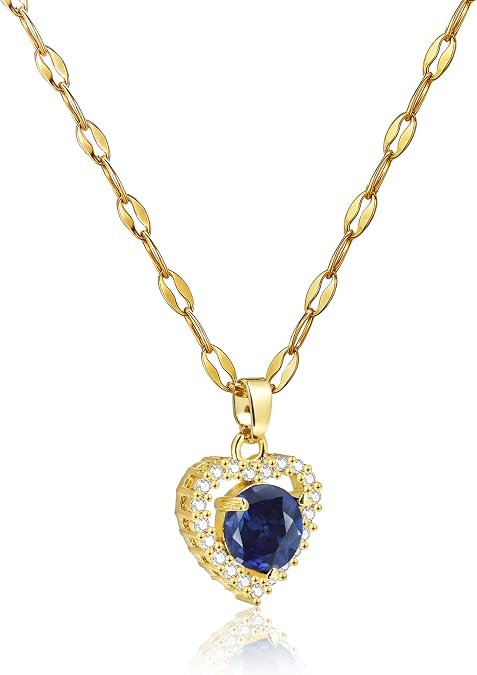 Sapphire Heart Necklace for Women - Blue Birthstone Necklace with CZ, 14K Gold Plated Chain with Gemstone Pendant Jewelry for Valentine's Day Gift