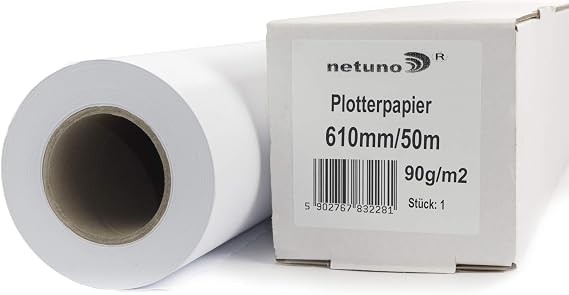 Netuno 1x White Plotter Paper roll 610mmx50m 90gsm core 50mm (2 inches) Universal Matte uncoated Offset Plotter Paper for Inkjet Printers photocopiers Photography CAD Print Design Plans Projects maps