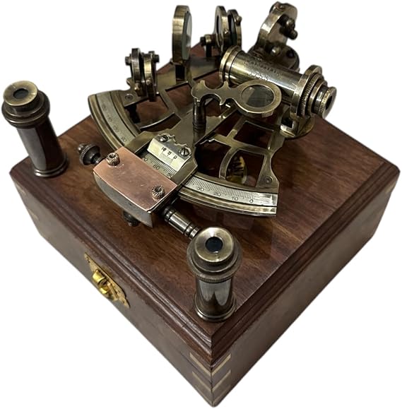 Brass Nautical Sextant Vintage Antique Astrolabe Ship Navigation Instrument Celestial & Nautical Sextant 2 Extra Sighting Telescopes/Astrolabe Ship History Sextant Tools with Wooden Box