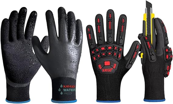 KAYGO Douple Dipped Latex Coated Waterproof Work Gloves and Impact Reducing Work Gloves Bundle for Men and Women, Ideal for Wet and Heavy-Duty Outdoor Works, M, Black