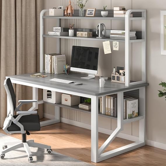 Simple and Modern Home Study Table, Desk with Bookshelf, Multi-layer Storage, Student Study and Writing Computer Desk, Large Desktop, Stable Load Capacity, Thick Steel Frame, Safe and Reliable