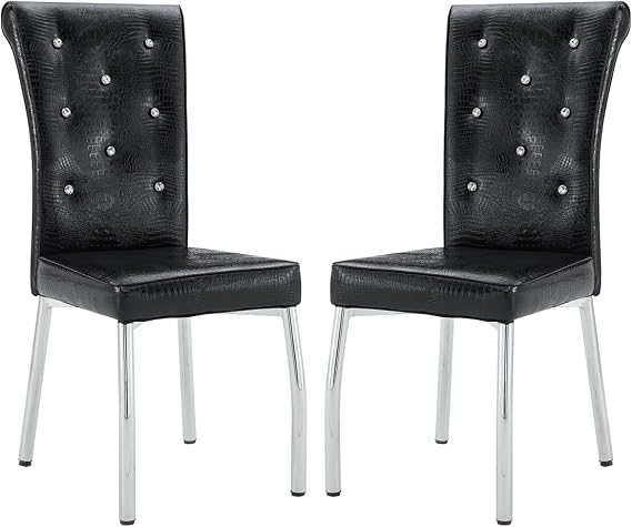 Black Dining Chairs Set of 2 with Chrome Legs,Modern Dinner Chairs Set of 2 with Crystal Button Tufted Design,Upholstered Faux Leather for Kitchen,Living Room,Bedroom,Dining Room ,Lounge,Reception