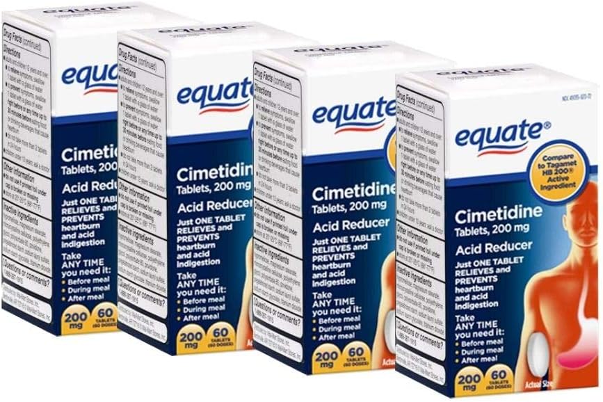 Cimetidine 200 mg - Heartburn Relief, Stomach Acidity Reducer by Equate, 60 Tablets Pack of 4