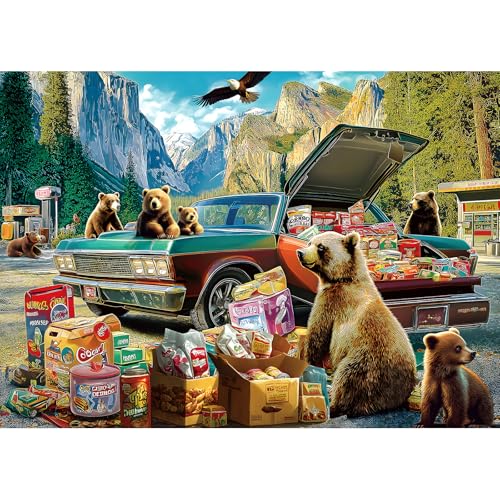 Blueforest Yosemite Bears Picnic Adventure 1000 Piece Puzzle for Adults - Challenging Wildlife Jigsaw Puzzle with Vintage Car, Granite Cliffs | Bonus Poster & Letters on Back 27.5 x 19.7