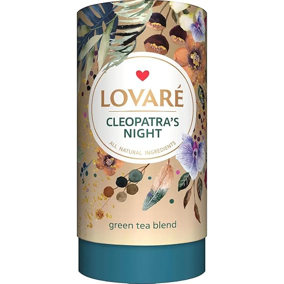 LOVARE Cleopatras Night Premium Loose Leaf Green Tea - 80 g (2.82 oz) with 15 Disposable Paper Filters - Exotic Green Tea Blend with Pineapple, Rose Buds & Petals - Made in Ukraine