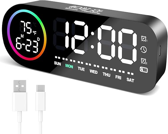 Vinabo Digital Alarm Clock with 7 Color Night Light, 4 Brightness Levels, Large LED Temperature Display, Voice Control, 12/24H, USB Port, Snooze, Power Off Memory (Black)