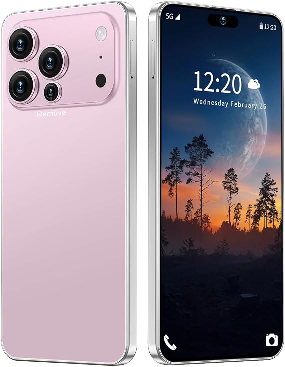 Huness 17 PM Smartphone Unlocked Cell Phone,6.99" HD Screen Unlocked Phone,16+512GB Android 15 Battery 7000mAh,Face ID/Dual SIM/5G/Fingerprint Button Unlock/Photos/GPS (Pink)