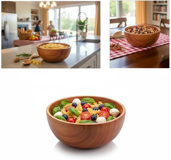 Deconox Akasya Ağacı Yuvarlak Ahşap Kase | Doğal Salata, Çorba ve Kahvaltılık Servis Kasesi | Orta Boy (14x6 cm)