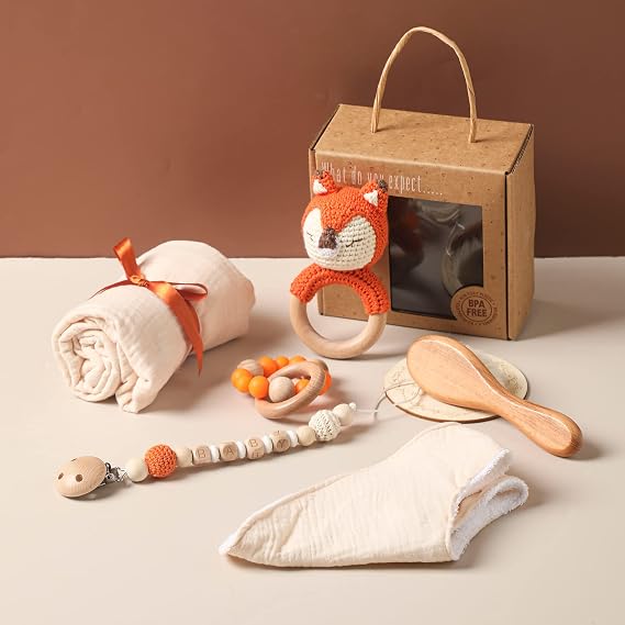 Baby Gift Set for Newborn New Baby Gift Set - 7 PCS Newborn Baby Essentials Basket Baby Bath Set with Baby Blanket Baby Rattle - New Born Baby Girls Gift & Baby Boy Gifts for Baby Shower(Fox)