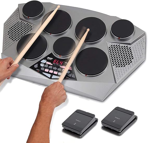 Pyle Pro Electronic Drum Kit - Portable Electric Tabletop Drum Set Machine with Digital Panel, 7 Drum Pads, Hi-Hat/Kick Bass Pedal Controller USB AUX - Tom-Toms, Hi-Hat, Snare Drums, Cymbals