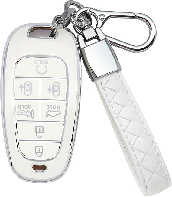 for Hyundai Key Fob Cover 7 Button with Leather Keychain Soft TPU 360 Degree Protection Car Key Case Shell Holder Fits for 2023 2022 2021 2020 Hyundai Sonata Santa fe Tucson, White