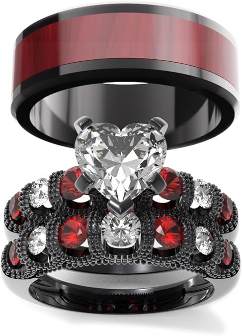 Couple Ring Bridal Set His Hers White Gold Plated White CZ Stainless Steel Wedding Ring Band Set