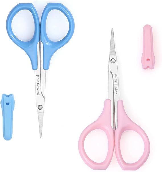2Pcs Eyebrow Grooming Scissors, Men Women Eyebrow Clippers, Curved and Straight Eyebrow Trimmer Scissors Set with Protective Cover for Trimming Eyelash Eyebrow, Facial Nose Hair, Eyelash Extensions