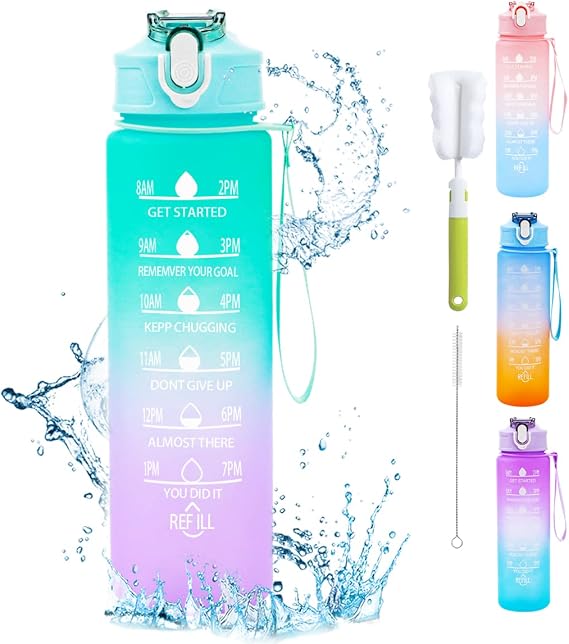 Sports Water Bottle 750 ml with Straw Water Bottle with Time Markings Leak-Proof Sports Bottle Suitable for Carbonated Drinks BPA-Free Drinking Bottles for School Bicycle Fitness Hiking (Light Green)