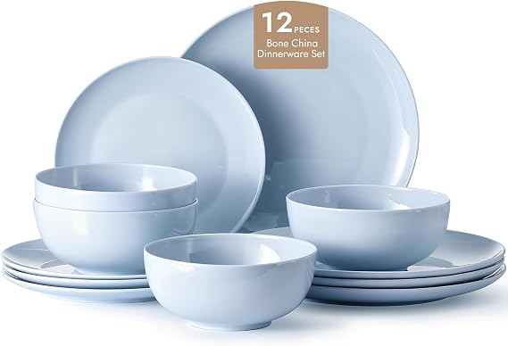 KINGSTONE 12-Piece Bone China Dinnerware Set for 4, Misty Blue