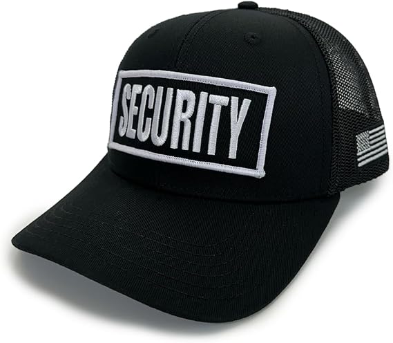 Security Guard Trucker Hat Black Mesh Snapback Cap with Embroidered Gold Security Patch One Size