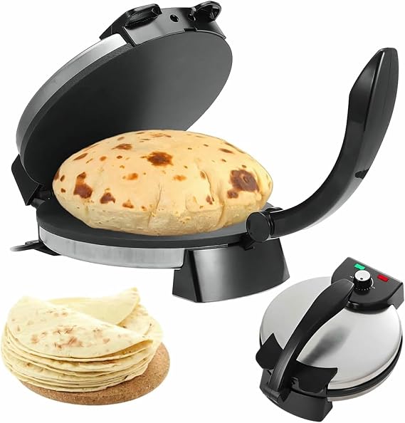 Electric Roti Maker 1800W Non-Stick Chapati Press with Anti-Scald Handle, Indicator Lights & Adjustable Temperature for Tortillas, Pancakes & Crepes - 10 Inch