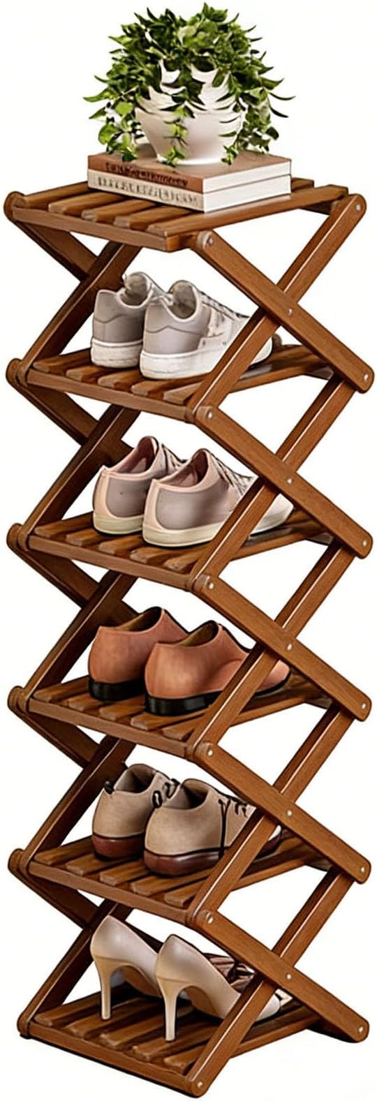 10 Tier Bamboo Shoe Rack, Foldable Corner Shoe Rack No Assembly Required Entryway, Closet, Corner, Bedroom, Hallway (Tea, 6)