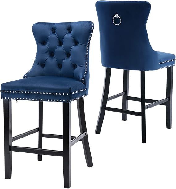 Counter Height Bar Stools Set of 2 Velvet Bar Stools Modern Barstools with Back and Nailhead Trim for Kitchen Island, Cafe, Pub (Blue)