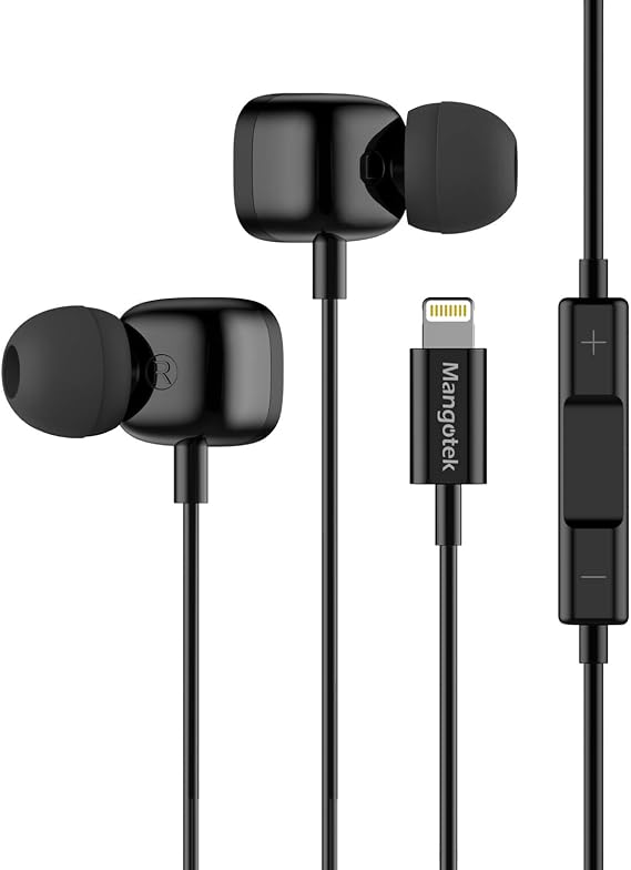 Mangotek iPhone Lightning Earbuds, MFi Certified, Wired with Lightning Connector, Black, Compatible with iPhone 14/13/12/11/Pro Max/XR/XS/X/8/7/SE