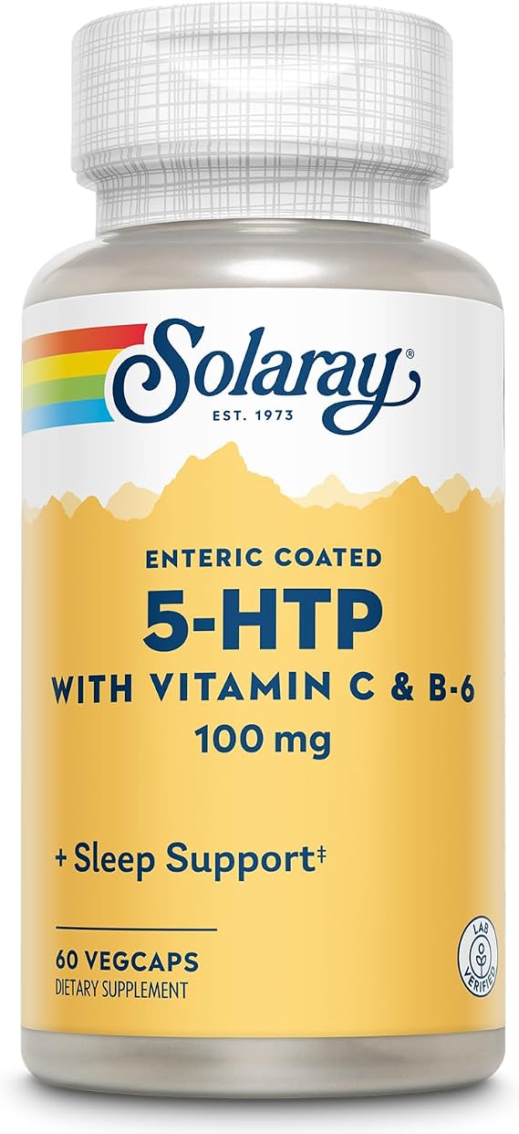 SOLARAY 5 HTP Supplement with Vitamin C & B-6 - Sleep Supplement and Serotonin Synthesis Support - Lab Verified - 60 Servings, 60 Enteric Coated VegCaps