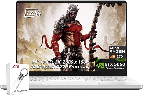 ASUS ROG Zephyrus G14 14" 3K OLED 120Hz Gaming Laptop, AMD Ryzen 9 270, NVIDIA GeForce RTX 5060, 16GB LPDDR5X RAM 1TB SSD, Micro SD, WiFi7, Backlit KB, Win11, Platinum White, 2TB USB Drive, W/GaLiMu