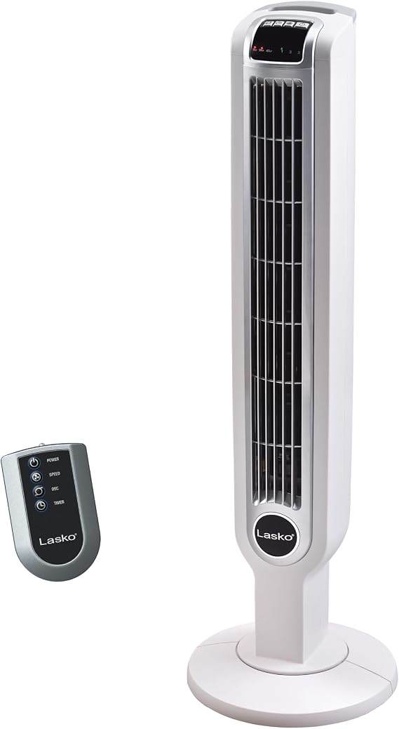 Lasko Oscillating Tower Fan with Remote Control and Timer - Quiet Standing Fan for Bedroom, Office, and Home - 3 Speeds - Powerful Cooling Air - 2510 - 36" Tall - White