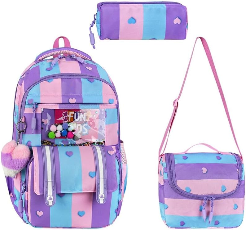 Çok Bölmeli FUN KIDS Okul Çantası, Beslenme Çantası ve Kalemlik Üçlü Set, Çok Renkli