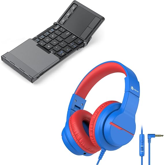 iClever BK08 Foldable Keyboard with Touchpad & HS19 Kids Headphones Bundles, Safe Volume Limited, Stereo Sound Headphones for Kid, Portable Size Combo for iPad Tablet School and Travel