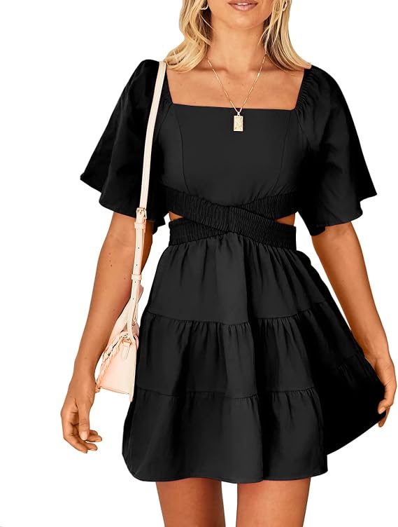 Shy Velvet Women's Square Neck Short Sleeve Crossover Party Mini Dress