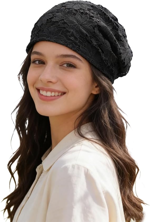 Crochet Slouchy Beanie Hat Handmade Knit Slouchy Floral Skull Hat Cutout Hats for Women Lightweight Knitted
