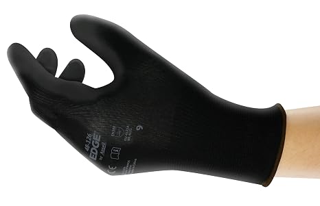 Ansell Edge 48-126 Abrasion-Resistant Polyester Nitrile Industrial Gloves w/Knitted Liner for Auto, Machinery - Black