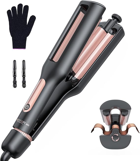 4 in 1 Adjustable Wave Curling Iron - 22/25/32/38mm Ionic Beach Waver Hair Curler with Ceramic Electrical Coating, Anti-Scald, 30S Heat Up, Digital Display, 4 Temperature(140°C-210°C), Black+Rose Gold