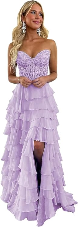 Women's Strapless Lace Applique Prom Dresses Tiered A Line Formal Evening Party Gowns with Slit